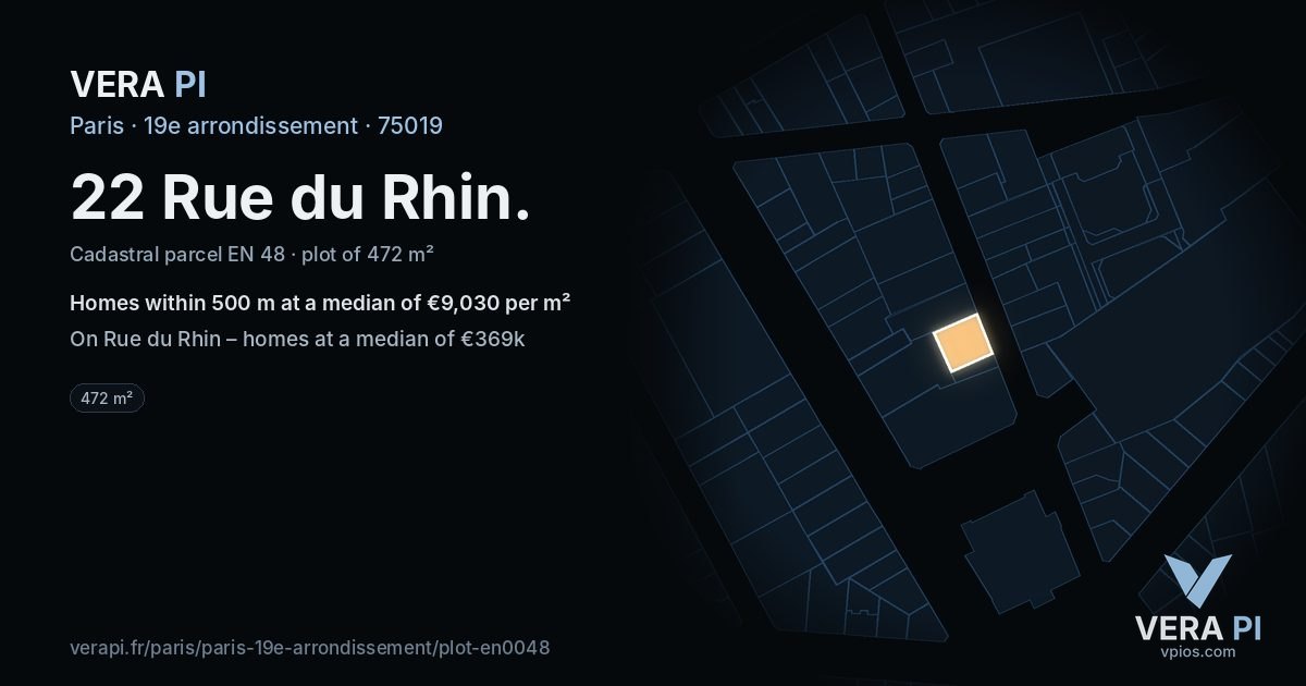 22 Rue du Rhin, 19e arrondissement at night – the plot lit, the parcels around coloured by the prices near them