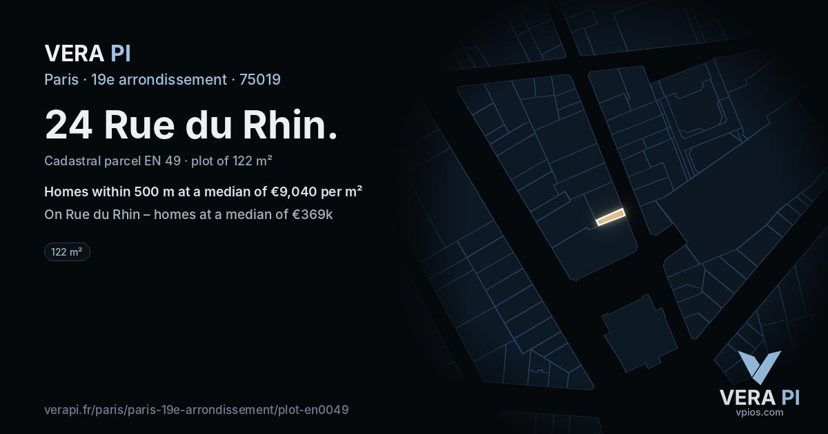 24 Rue du Rhin, 19e arrondissement at night – the plot lit, the parcels around coloured by the prices near them