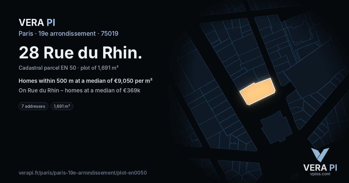 28 Rue du Rhin, 19e arrondissement at night – the plot lit, the parcels around coloured by the prices near them