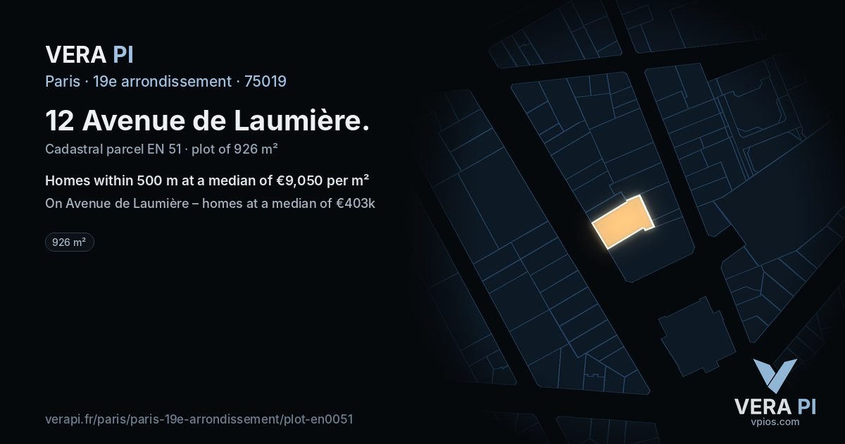 12 Avenue de Laumière, 19e arrondissement at night – the plot lit, the parcels around coloured by the prices near them