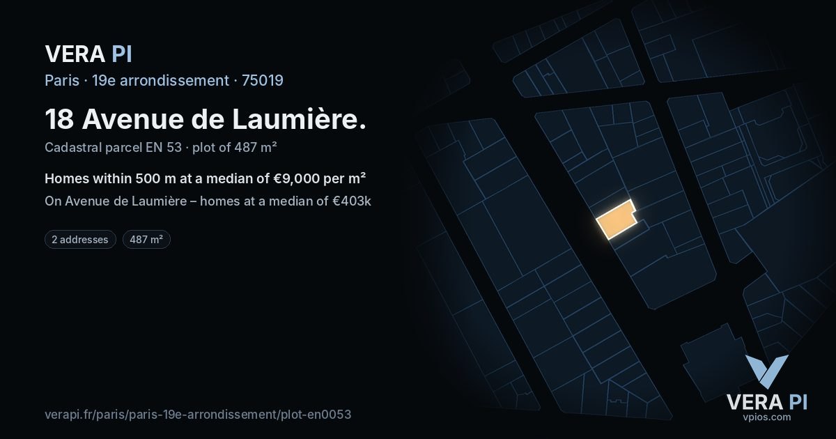 18 Avenue de Laumière, 19e arrondissement at night – the plot lit, the parcels around coloured by the prices near them