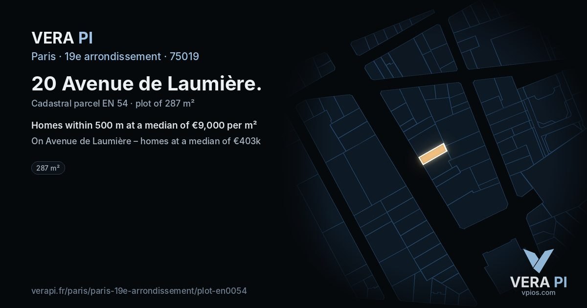 20 Avenue de Laumière, 19e arrondissement at night – the plot lit, the parcels around coloured by the prices near them