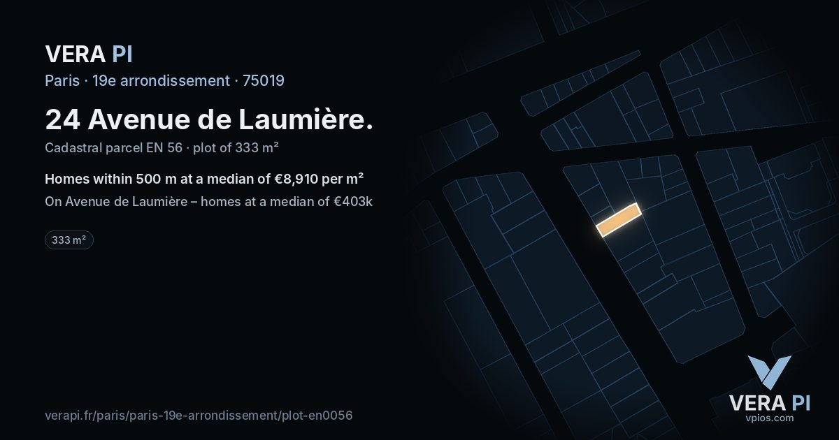 24 Avenue de Laumière, 19e arrondissement at night – the plot lit, the parcels around coloured by the prices near them