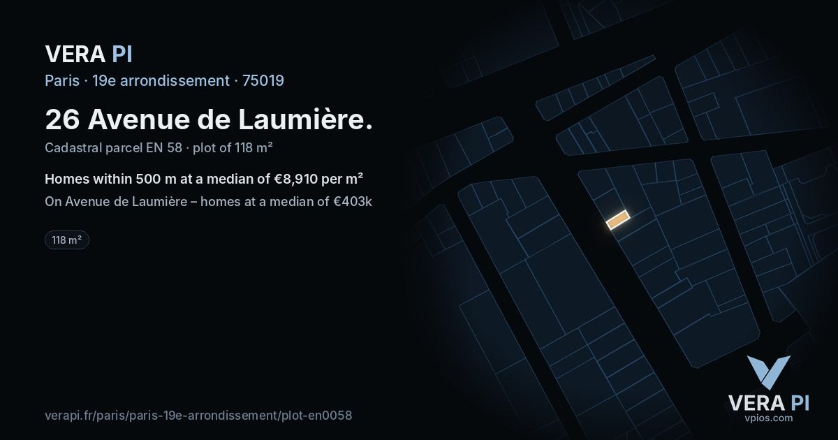 26 Avenue de Laumière, 19e arrondissement at night – the plot lit, the parcels around coloured by the prices near them
