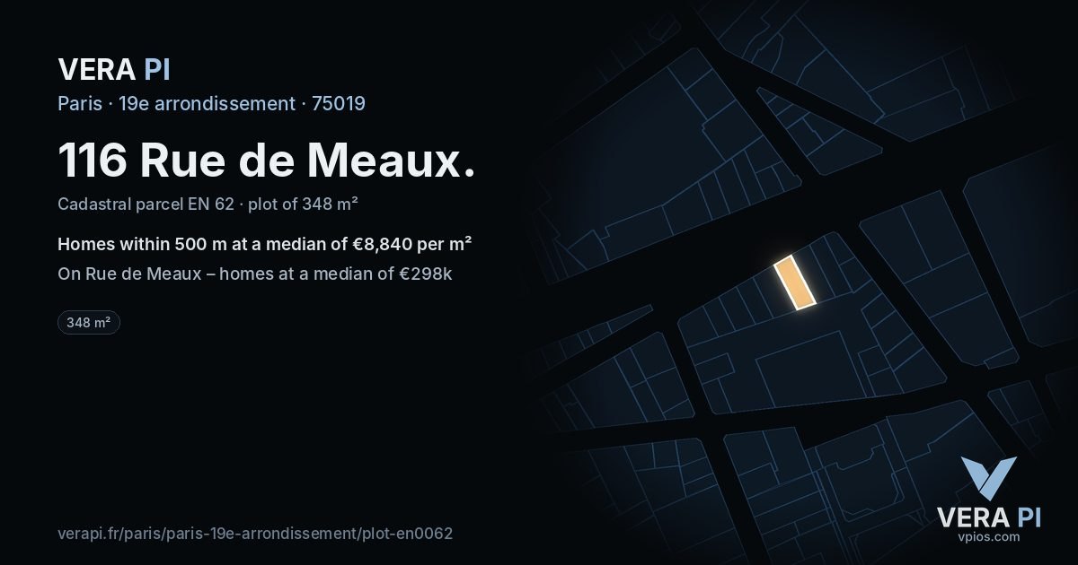 116 Rue de Meaux, 19e arrondissement at night – the plot lit, the parcels around coloured by the prices near them