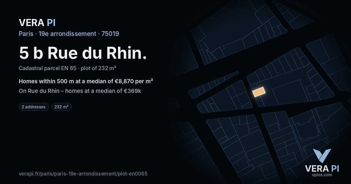 5 b Rue du Rhin, 19e arrondissement at night – the plot lit, the parcels around coloured by the prices near them