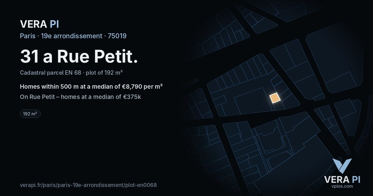 31 a Rue Petit, 19e arrondissement at night – the plot lit, the parcels around coloured by the prices near them