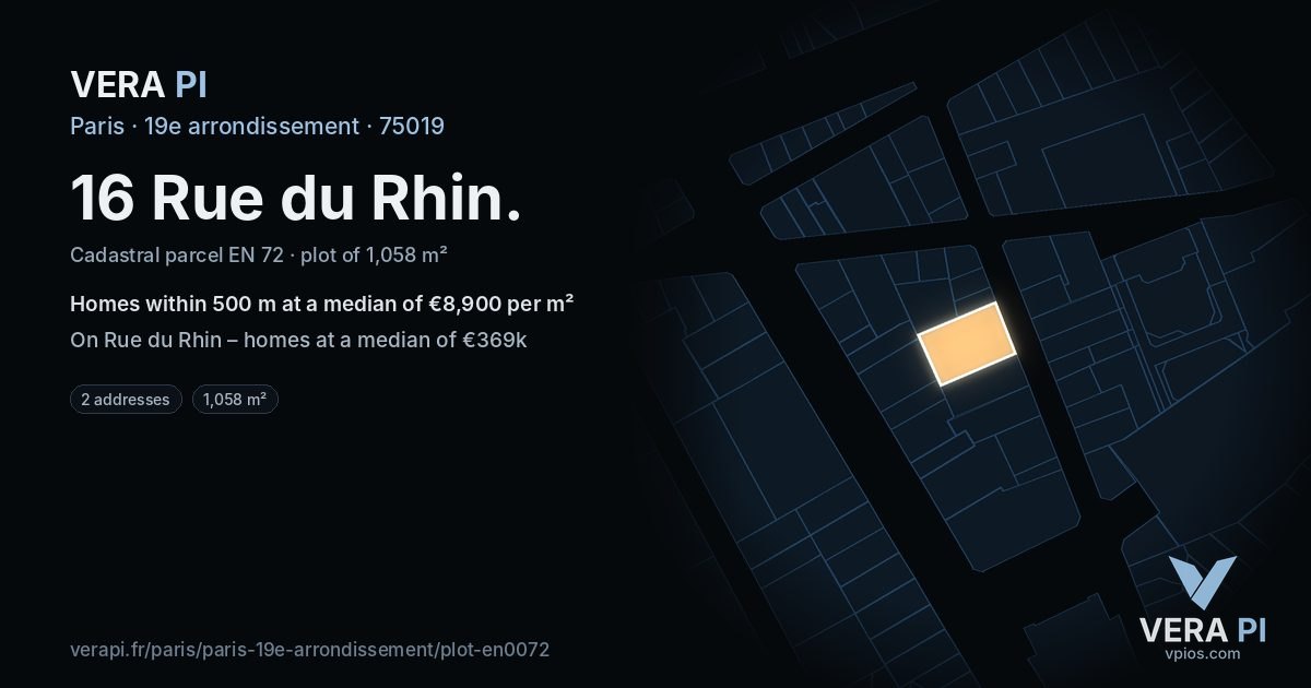 16 Rue du Rhin, 19e arrondissement at night – the plot lit, the parcels around coloured by the prices near them