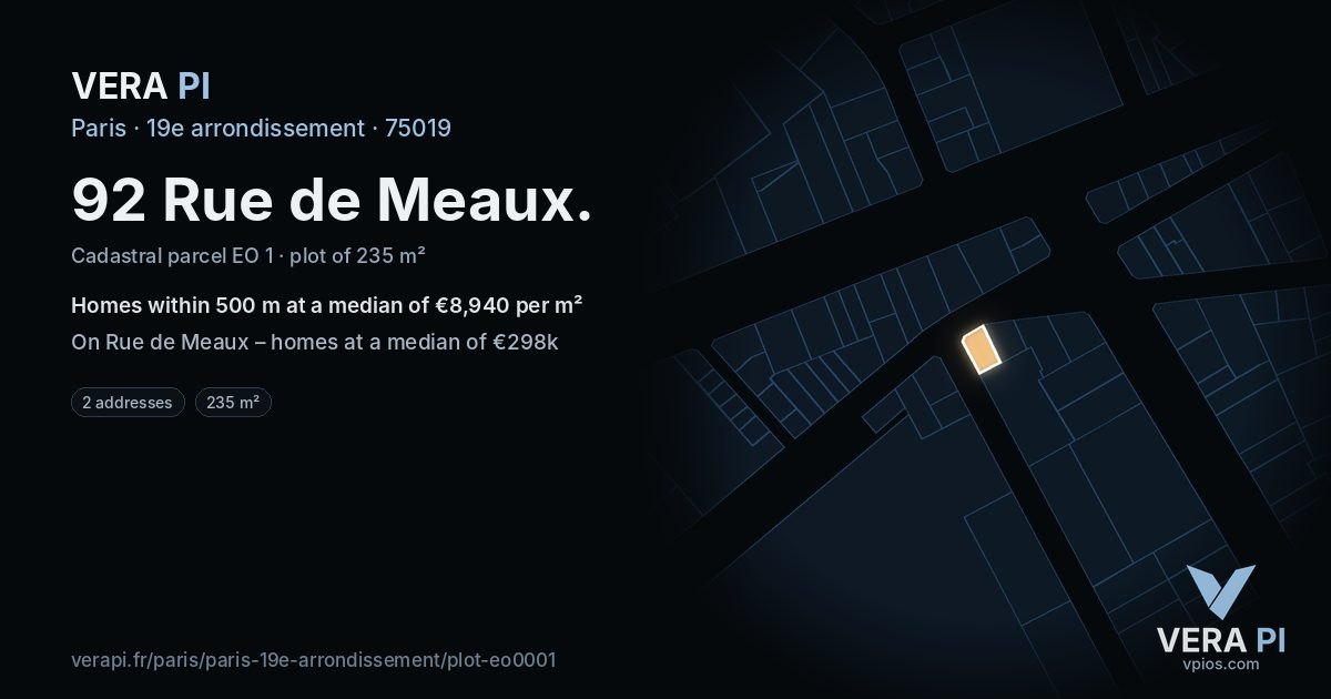 92 Rue de Meaux, 19e arrondissement at night – the plot lit, the parcels around coloured by the prices near them