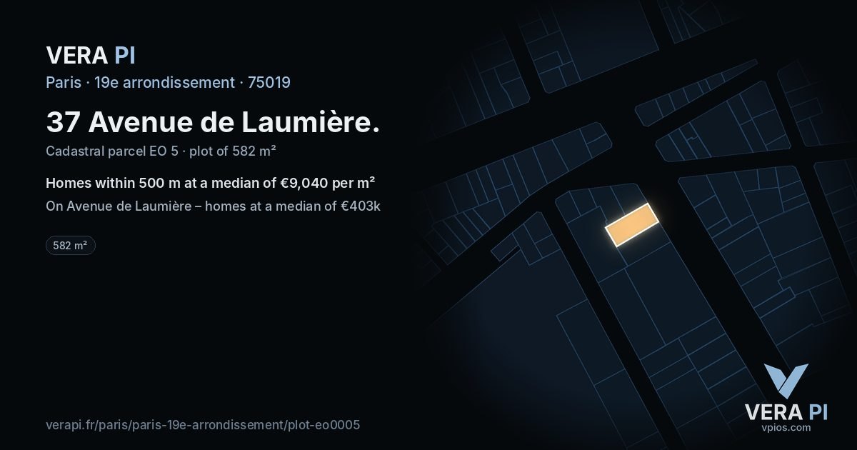 37 Avenue de Laumière, 19e arrondissement at night – the plot lit, the parcels around coloured by the prices near them