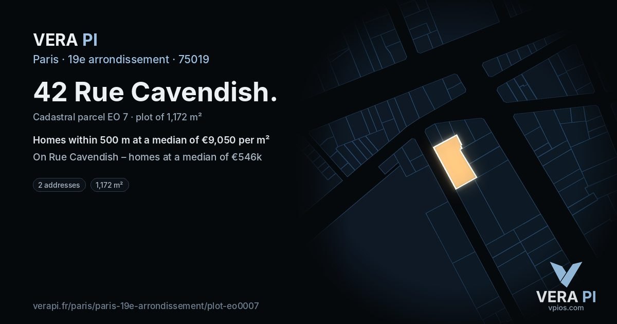 42 Rue Cavendish, 19e arrondissement at night – the plot lit, the parcels around coloured by the prices near them