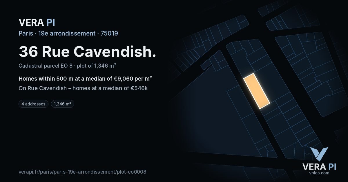 36 Rue Cavendish, 19e arrondissement at night – the plot lit, the parcels around coloured by the prices near them