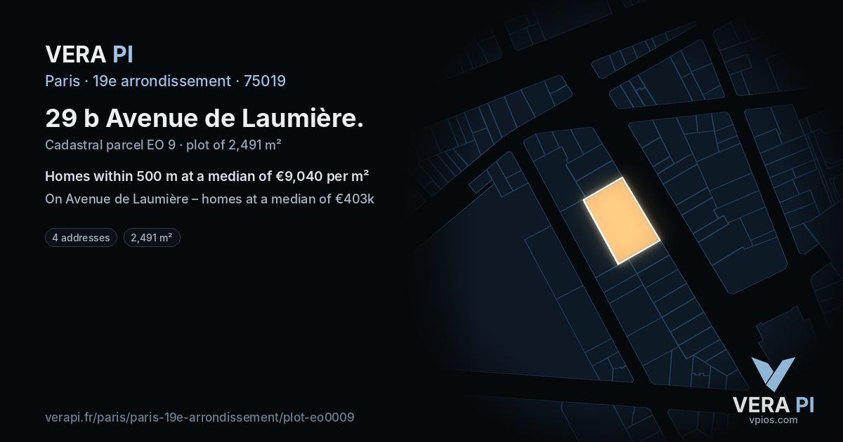 29 b Avenue de Laumière, 19e arrondissement at night – the plot lit, the parcels around coloured by the prices near them