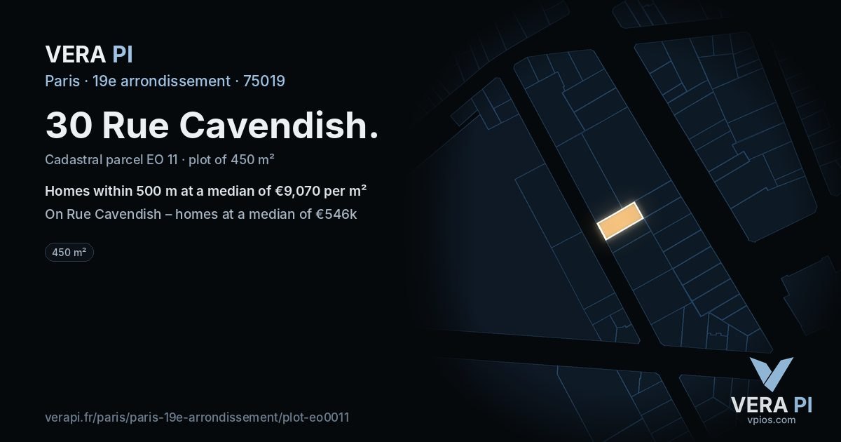 30 Rue Cavendish, 19e arrondissement at night – the plot lit, the parcels around coloured by the prices near them