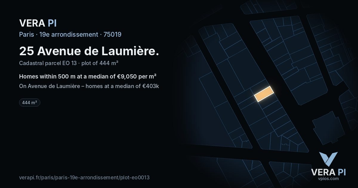 25 Avenue de Laumière, 19e arrondissement at night – the plot lit, the parcels around coloured by the prices near them
