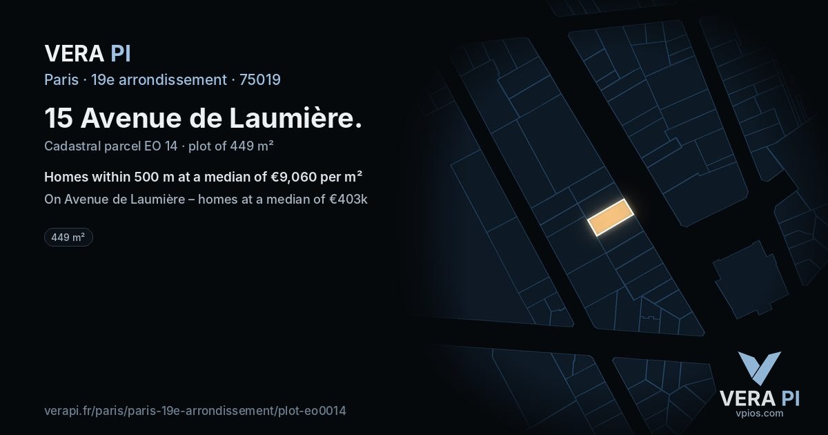 15 Avenue de Laumière, 19e arrondissement at night – the plot lit, the parcels around coloured by the prices near them
