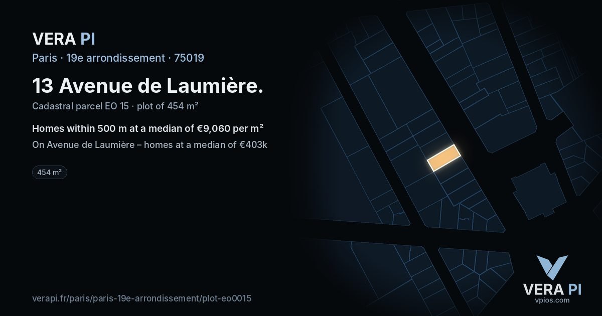 13 Avenue de Laumière, 19e arrondissement at night – the plot lit, the parcels around coloured by the prices near them