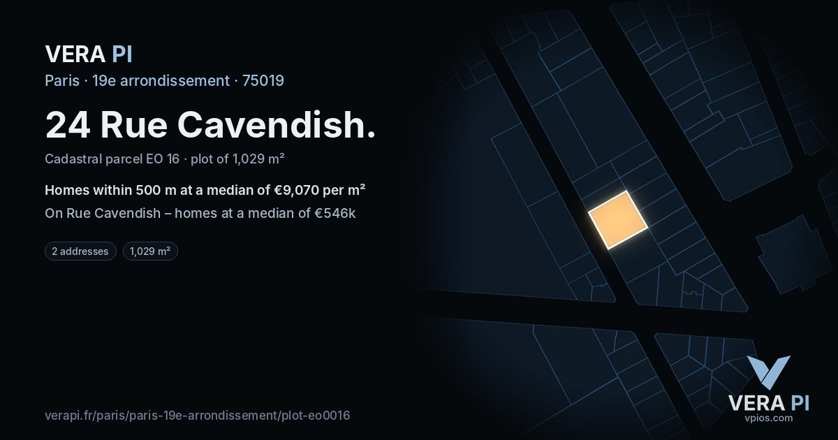 24 Rue Cavendish, 19e arrondissement at night – the plot lit, the parcels around coloured by the prices near them