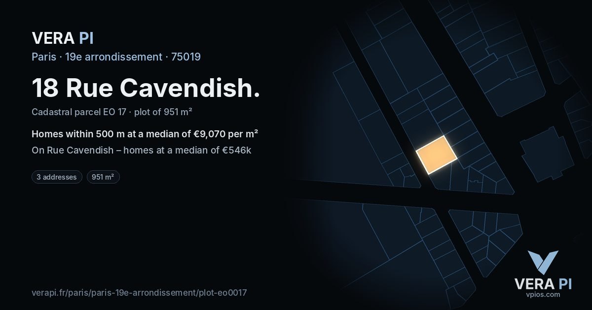18 Rue Cavendish, 19e arrondissement at night – the plot lit, the parcels around coloured by the prices near them