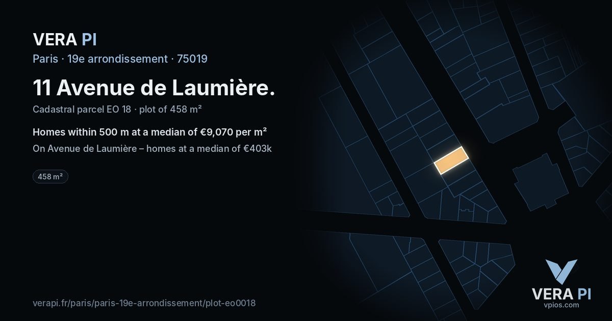 11 Avenue de Laumière, 19e arrondissement at night – the plot lit, the parcels around coloured by the prices near them