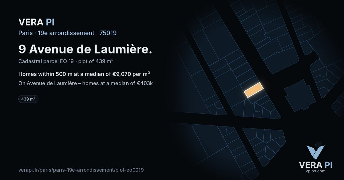 9 Avenue de Laumière, 19e arrondissement at night – the plot lit, the parcels around coloured by the prices near them