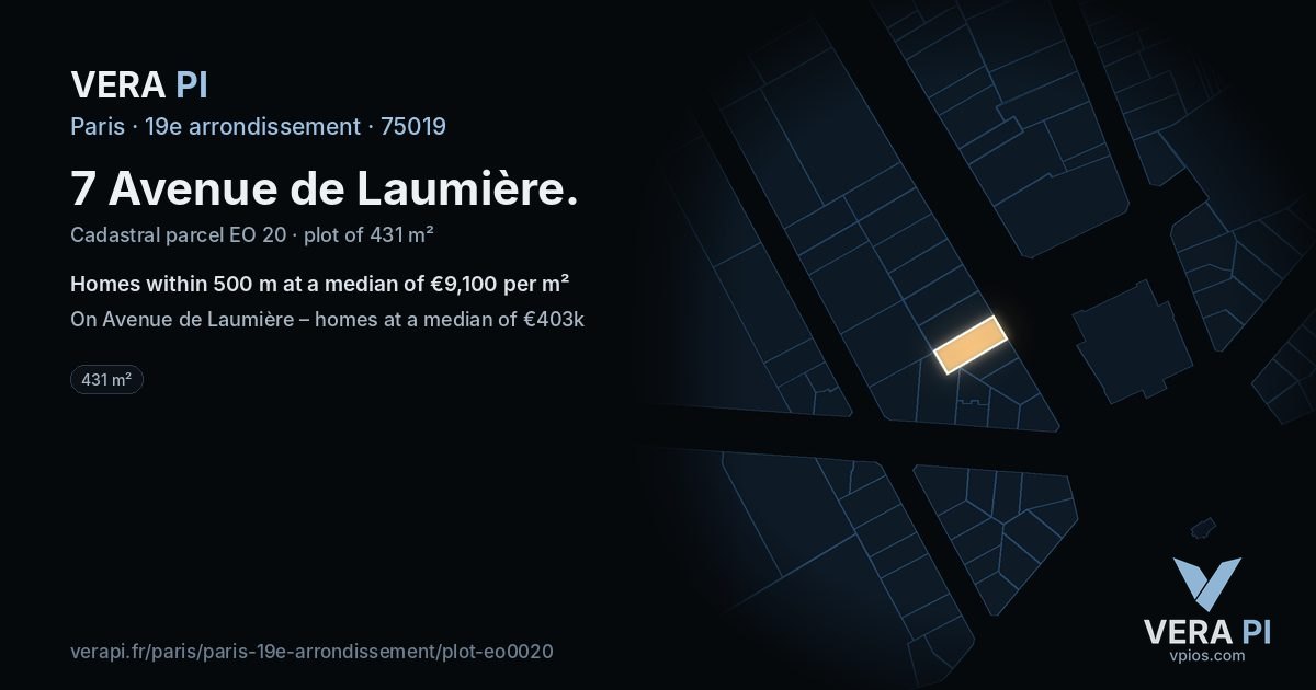7 Avenue de Laumière, 19e arrondissement at night – the plot lit, the parcels around coloured by the prices near them
