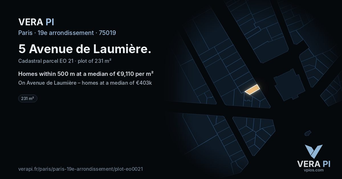 5 Avenue de Laumière, 19e arrondissement at night – the plot lit, the parcels around coloured by the prices near them