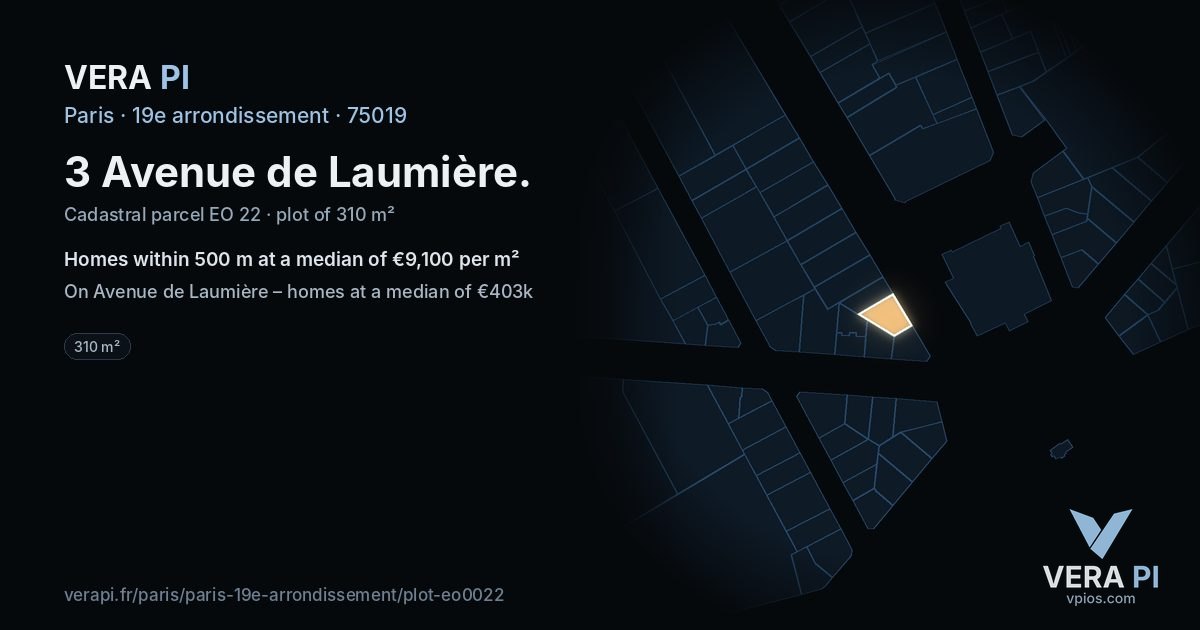 3 Avenue de Laumière, 19e arrondissement at night – the plot lit, the parcels around coloured by the prices near them