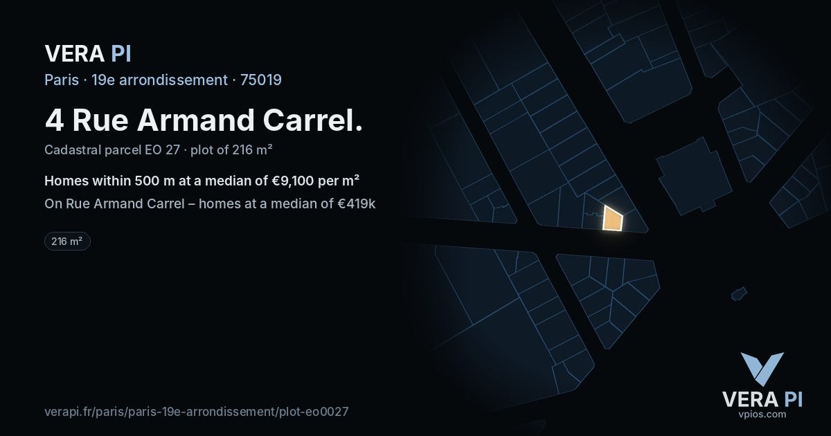 4 Rue Armand Carrel, 19e arrondissement at night – the plot lit, the parcels around coloured by the prices near them