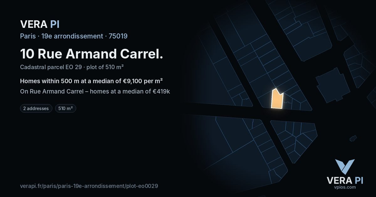 10 Rue Armand Carrel, 19e arrondissement at night – the plot lit, the parcels around coloured by the prices near them