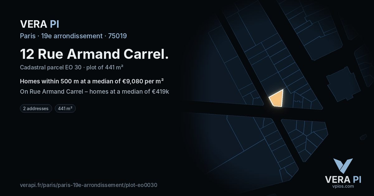 12 Rue Armand Carrel, 19e arrondissement at night – the plot lit, the parcels around coloured by the prices near them