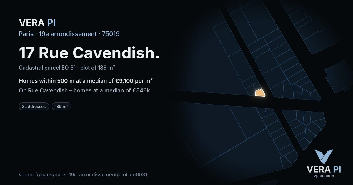 17 Rue Cavendish, 19e arrondissement at night – the plot lit, the parcels around coloured by the prices near them