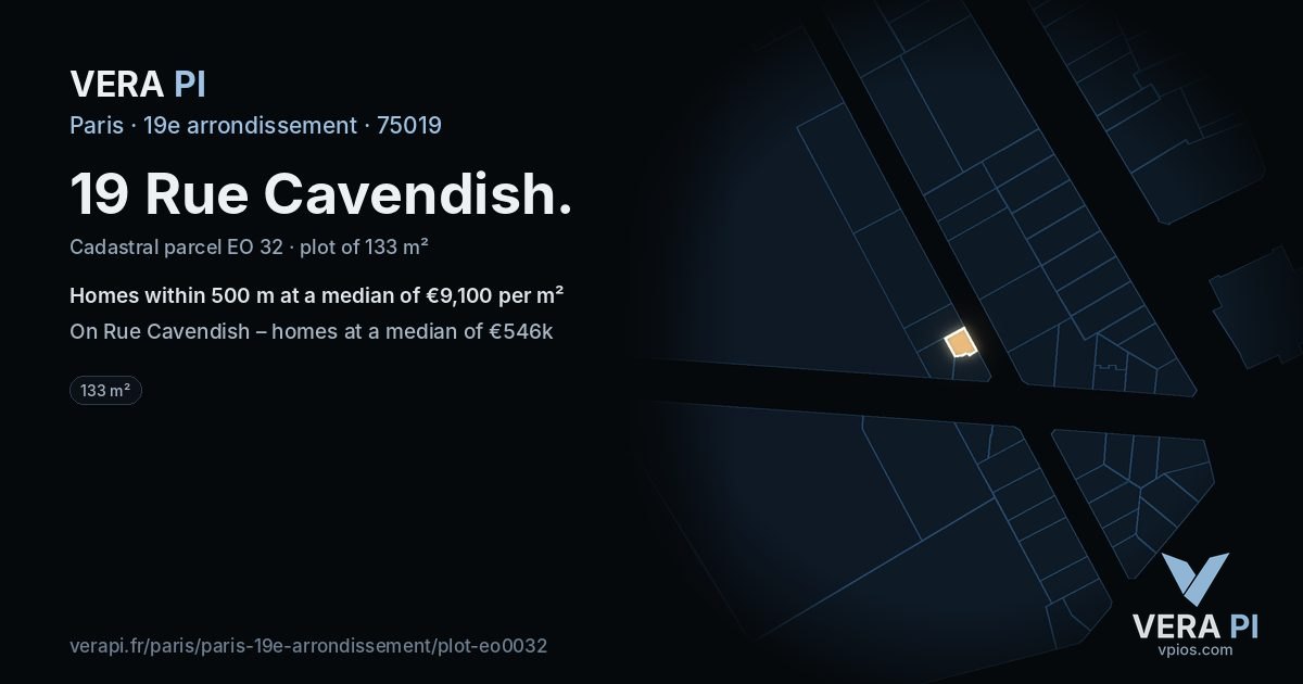 19 Rue Cavendish, 19e arrondissement at night – the plot lit, the parcels around coloured by the prices near them