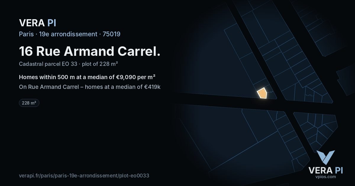 16 Rue Armand Carrel, 19e arrondissement at night – the plot lit, the parcels around coloured by the prices near them