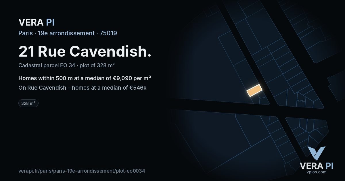 21 Rue Cavendish, 19e arrondissement at night – the plot lit, the parcels around coloured by the prices near them