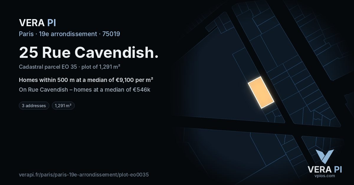 25 Rue Cavendish, 19e arrondissement at night – the plot lit, the parcels around coloured by the prices near them