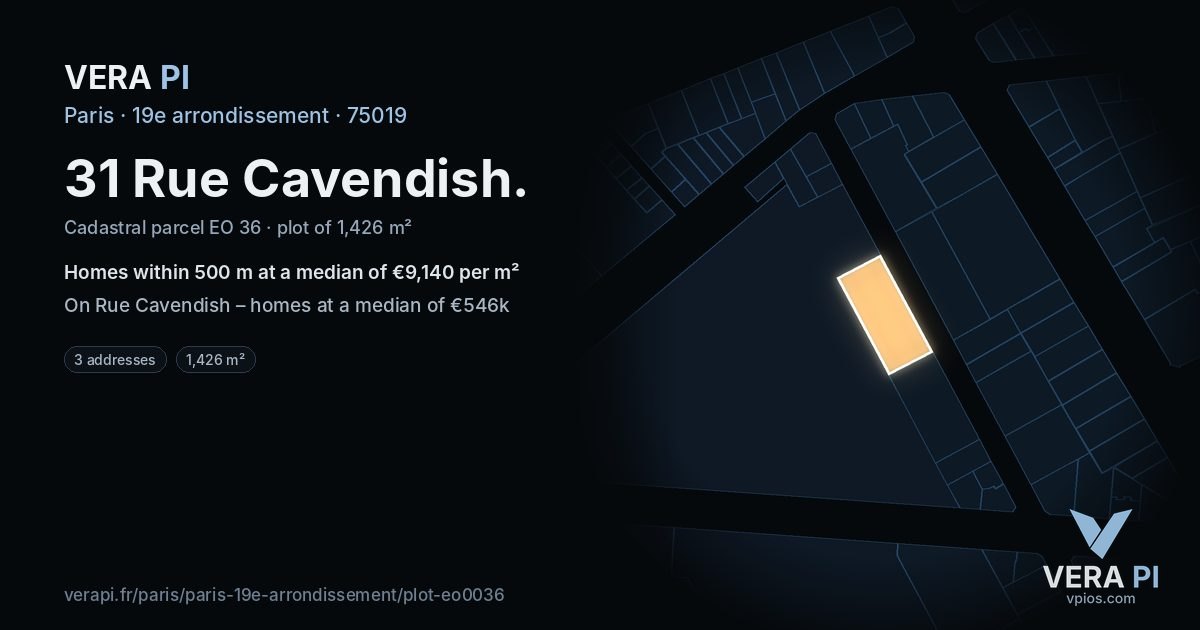 31 Rue Cavendish, 19e arrondissement at night – the plot lit, the parcels around coloured by the prices near them
