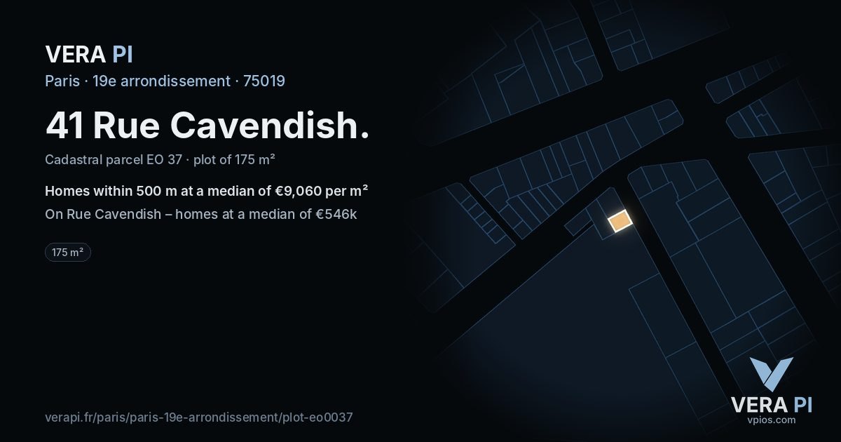 41 Rue Cavendish, 19e arrondissement at night – the plot lit, the parcels around coloured by the prices near them