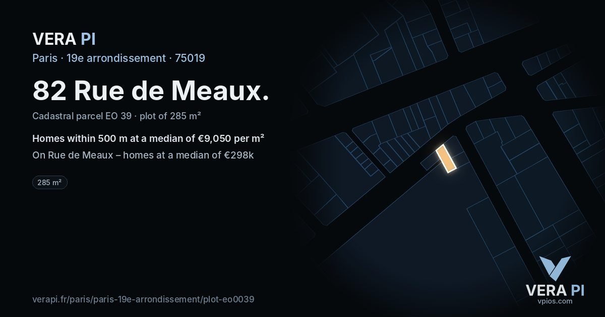82 Rue de Meaux, 19e arrondissement at night – the plot lit, the parcels around coloured by the prices near them