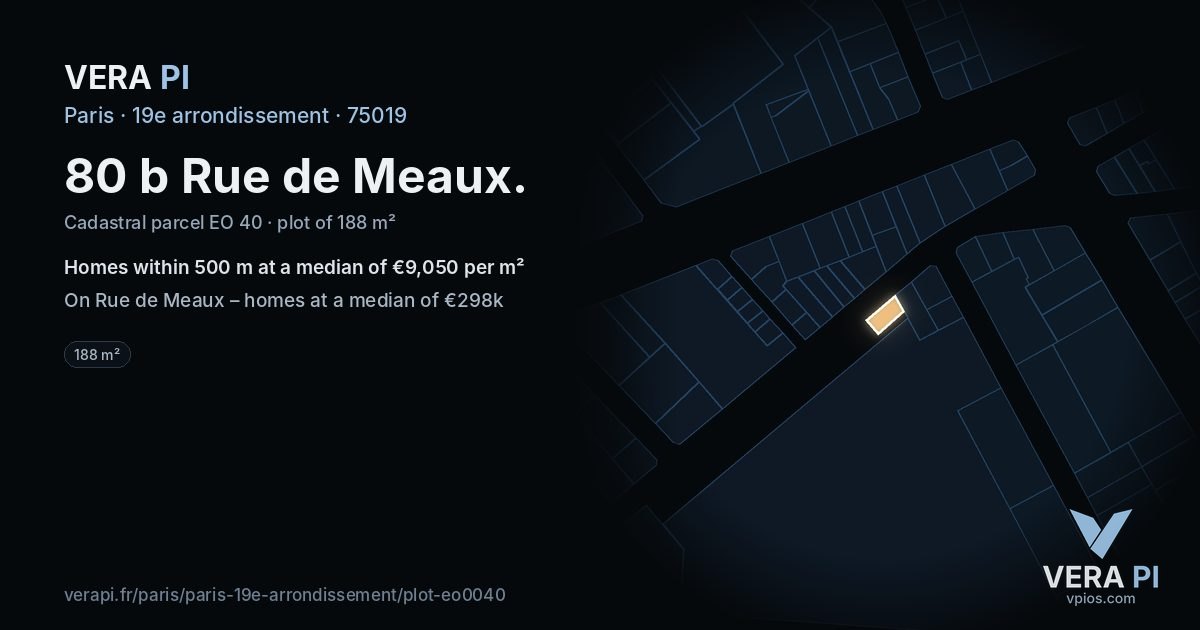 80 b Rue de Meaux, 19e arrondissement at night – the plot lit, the parcels around coloured by the prices near them