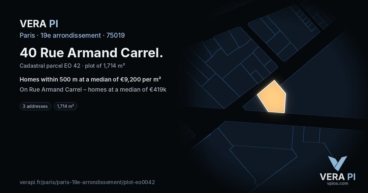 40 Rue Armand Carrel, 19e arrondissement at night – the plot lit, the parcels around coloured by the prices near them