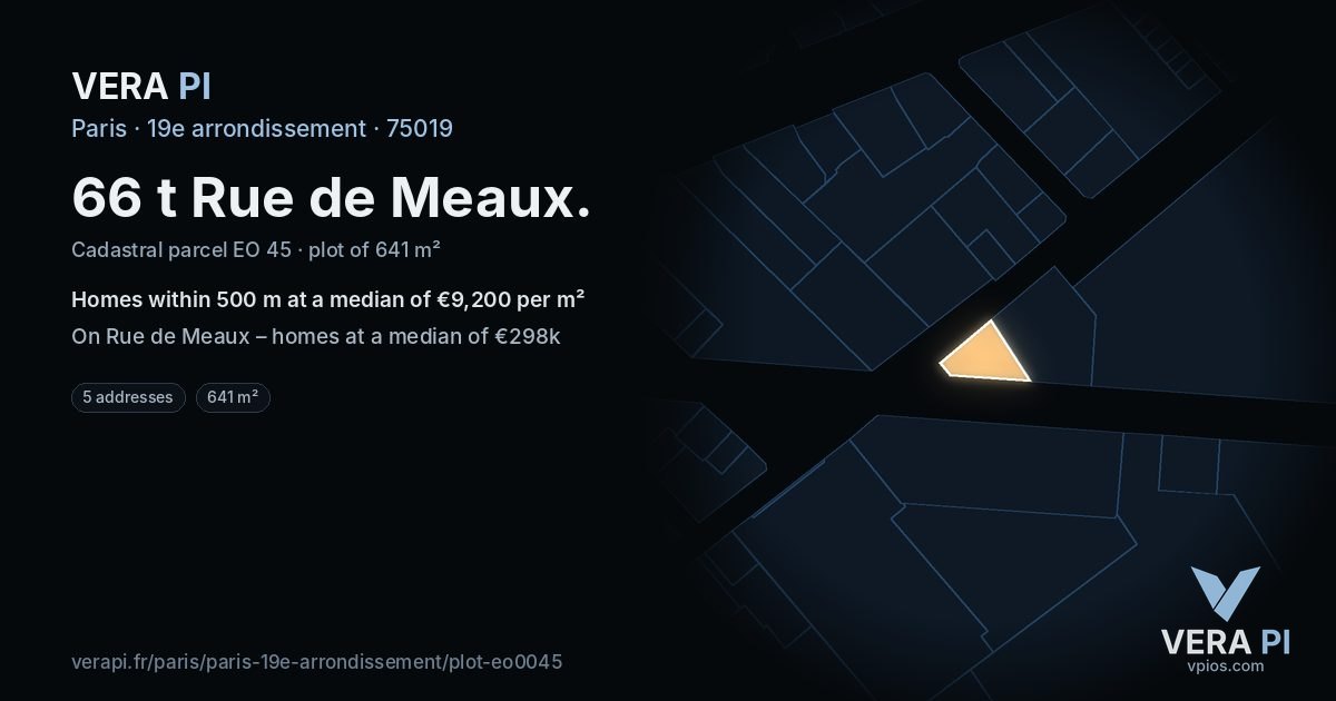 66 t Rue de Meaux, 19e arrondissement at night – the plot lit, the parcels around coloured by the prices near them