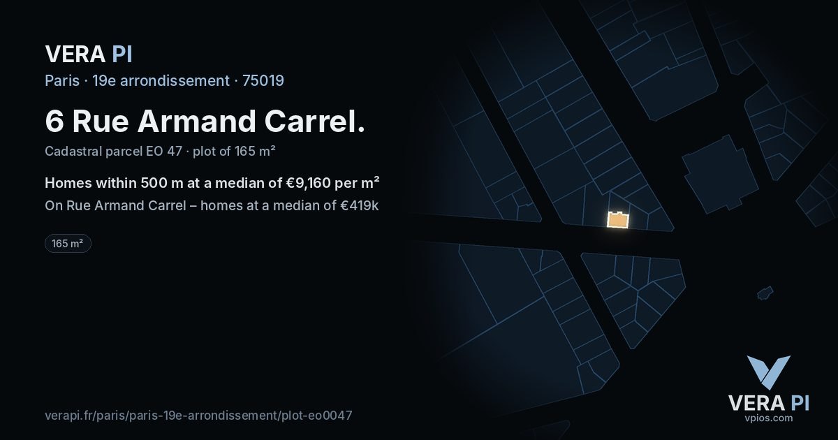 6 Rue Armand Carrel, 19e arrondissement at night – the plot lit, the parcels around coloured by the prices near them
