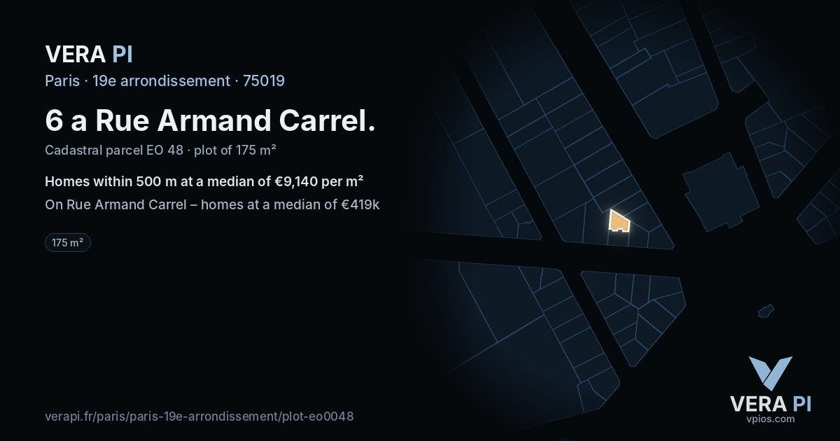 6 a Rue Armand Carrel, 19e arrondissement at night – the plot lit, the parcels around coloured by the prices near them