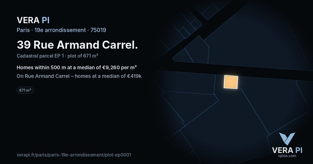 39 Rue Armand Carrel, 19e arrondissement at night – the plot lit, the parcels around coloured by the prices near them