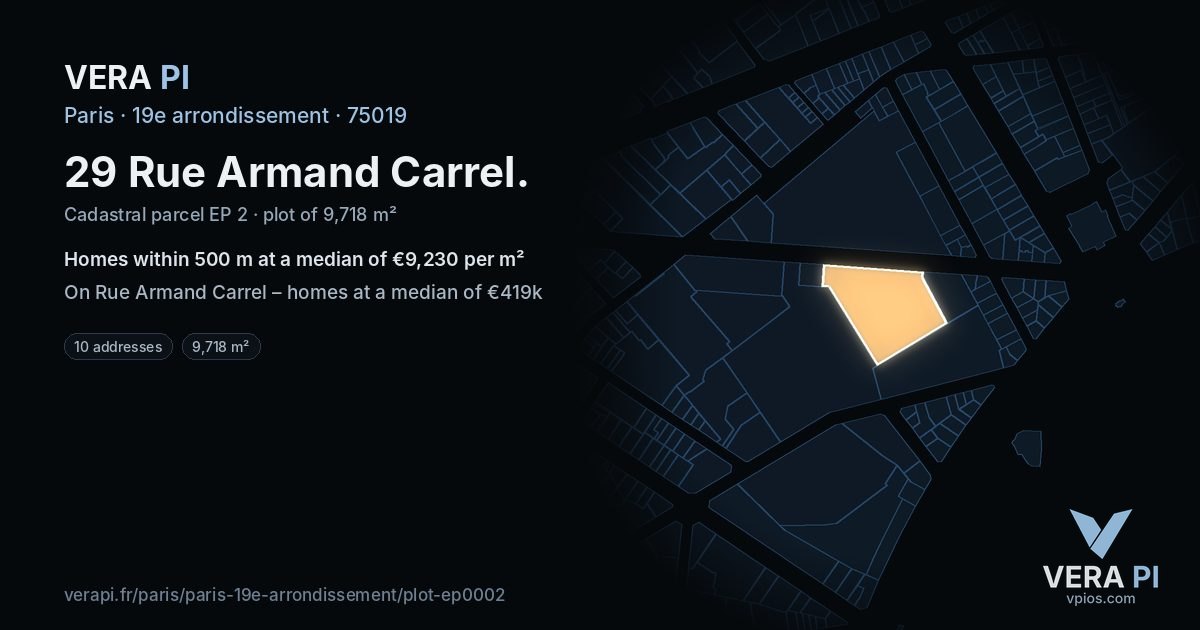 29 Rue Armand Carrel, 19e arrondissement at night – the plot lit, the parcels around coloured by the prices near them