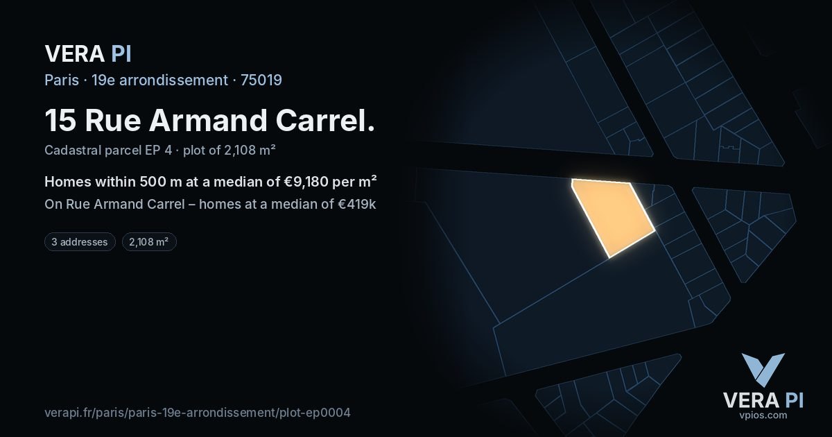 15 Rue Armand Carrel, 19e arrondissement at night – the plot lit, the parcels around coloured by the prices near them