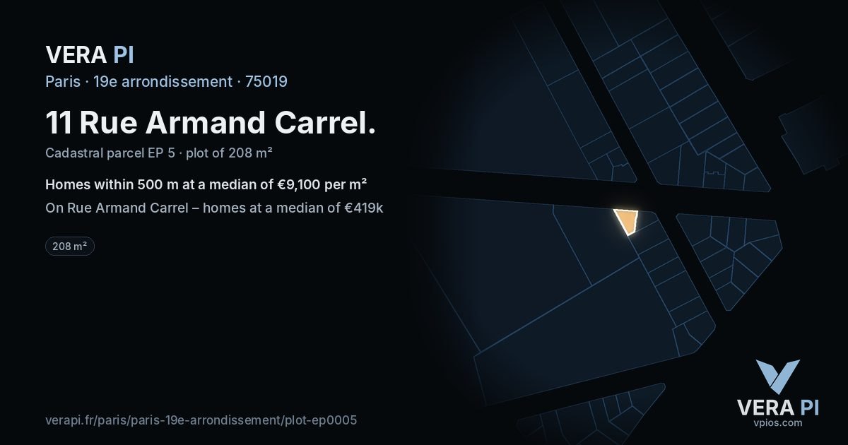 11 Rue Armand Carrel, 19e arrondissement at night – the plot lit, the parcels around coloured by the prices near them