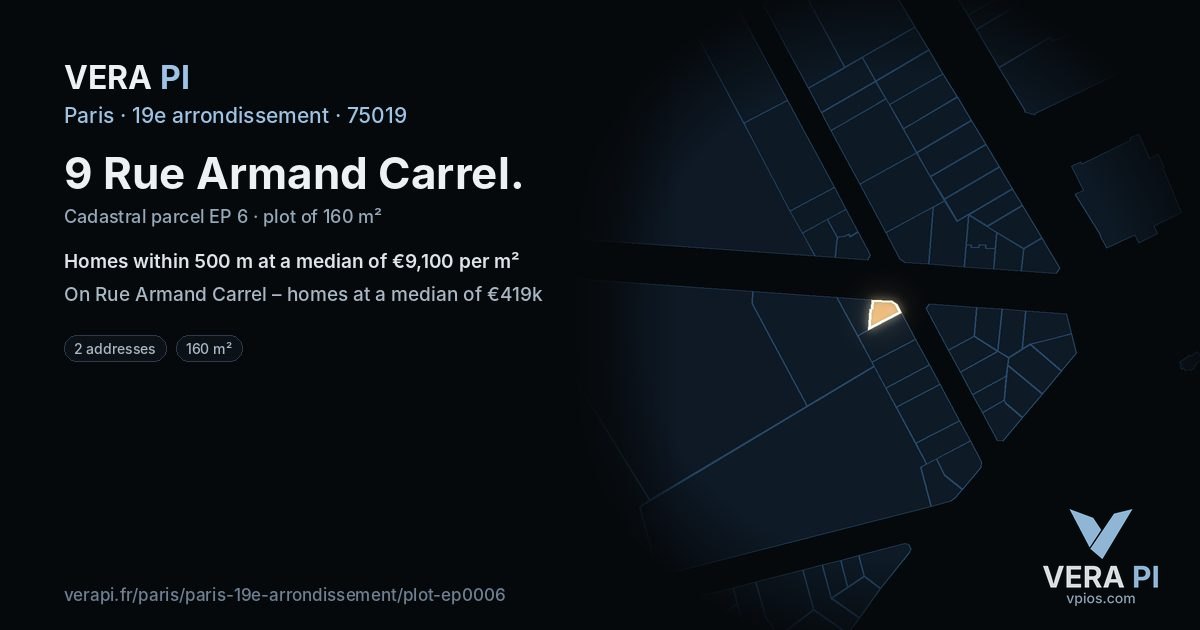9 Rue Armand Carrel, 19e arrondissement at night – the plot lit, the parcels around coloured by the prices near them