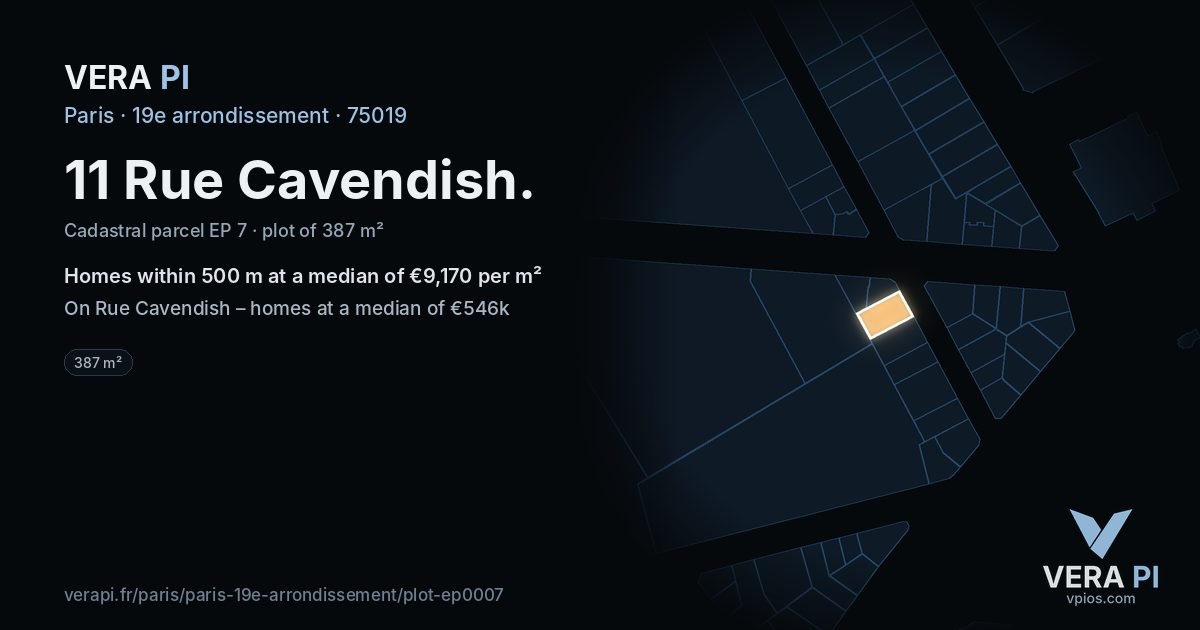 11 Rue Cavendish, 19e arrondissement at night – the plot lit, the parcels around coloured by the prices near them